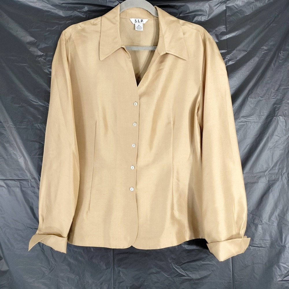 S.L.B. Gold Silk Blouse; 100% Raw Silk Long Sleeve Button Down XL